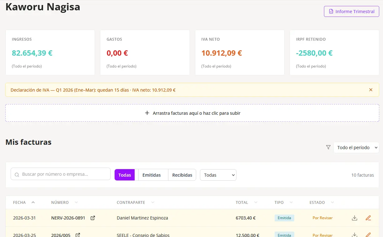 Dashboard de ScanInvoice mostrando facturas procesadas, cálculo de IVA y extracción automática de datos